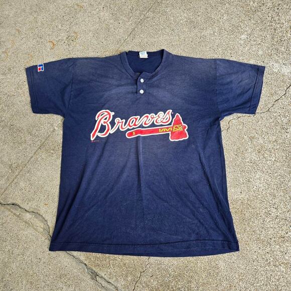 Vtg 90s RUSSELL ATHLETIC Atlanta Braves Logo MLB Baseball Button Up Tee Shirt Lg - Picture 1 of 7